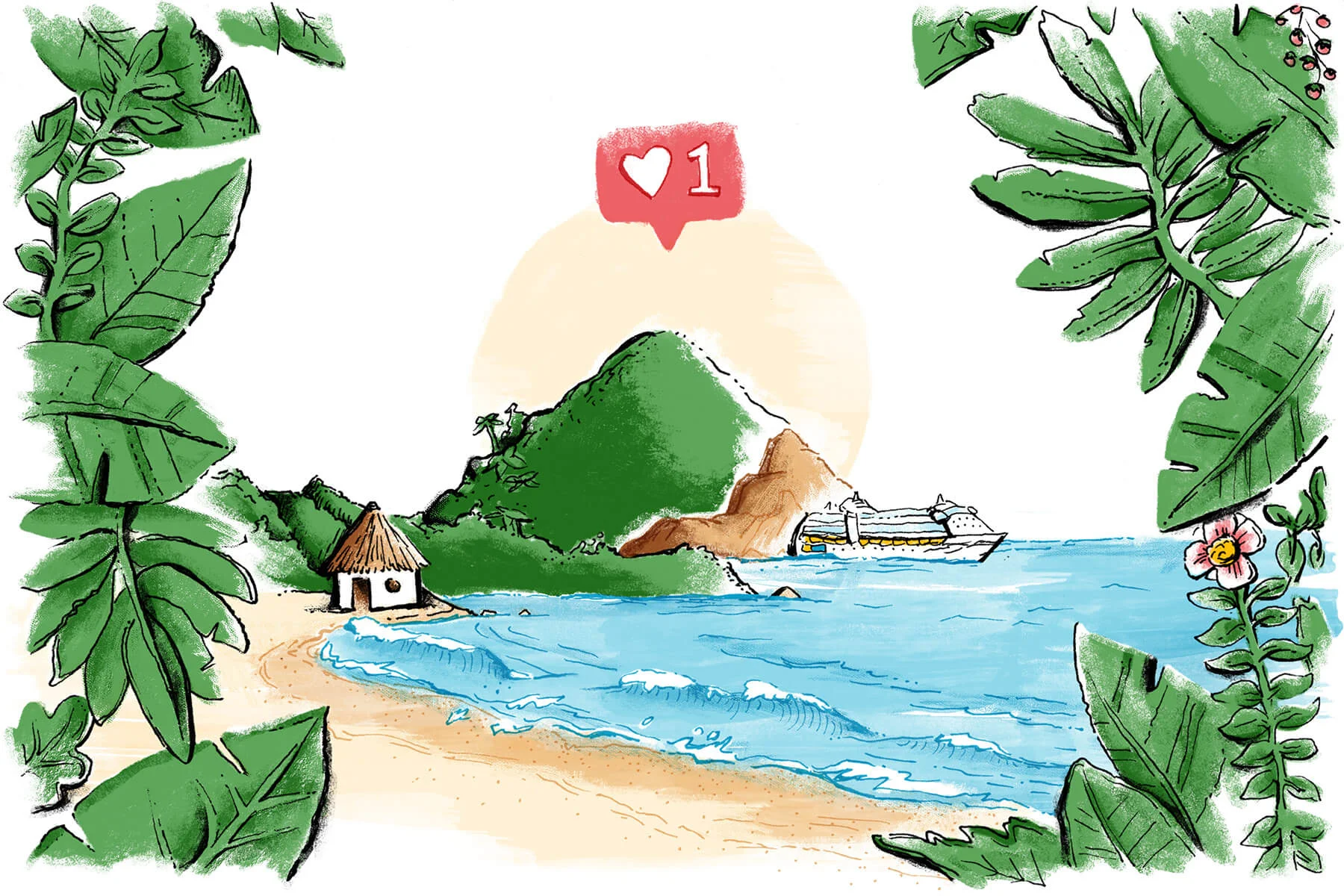 Textured water color illustration of tropical beach and mountain with an Instagram Like button above it in the sky