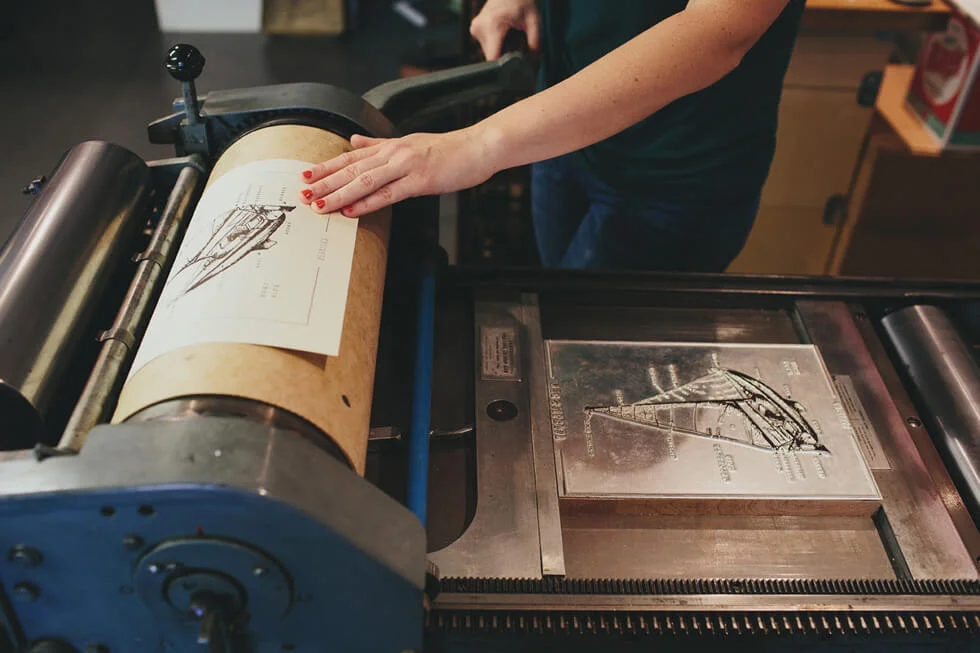 The parts of a Sailboat letterpress fine art print illustration is run and onto the thick duplex cream colored cotton linen paper.