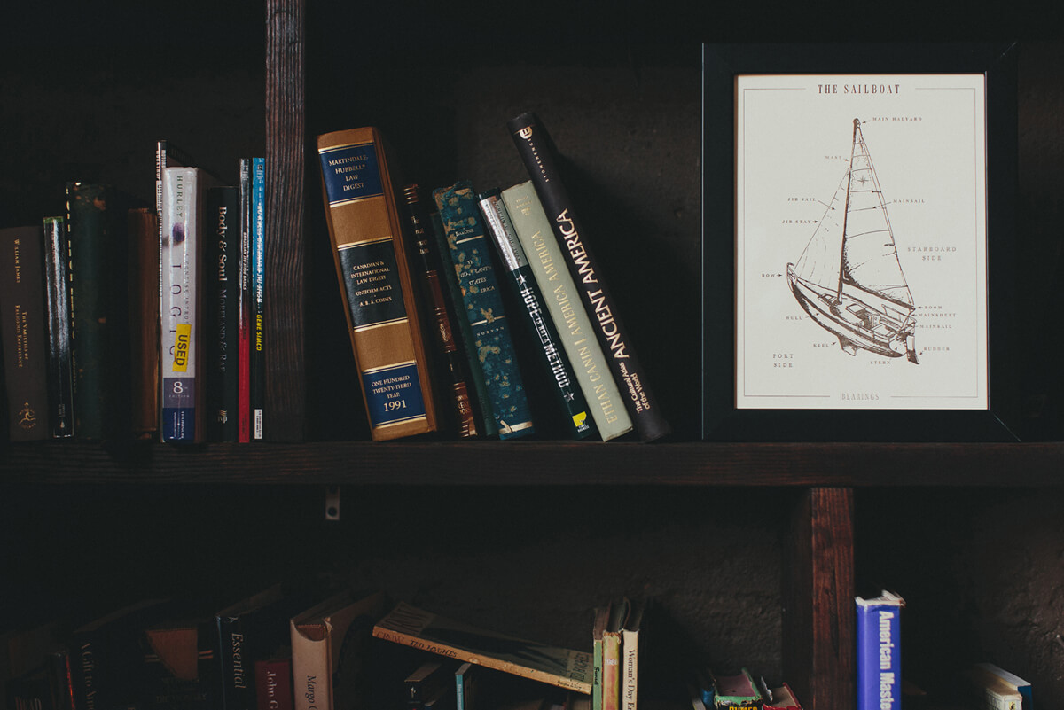 The parts of a sailboat illustrated infographic and fine art letterpress print design is framed in dark wood and on a bookshelf.