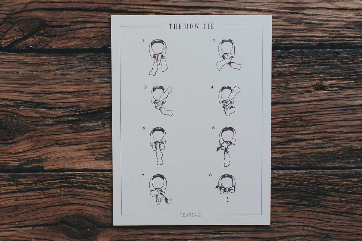 How to tie a bow tie handmade illustration and fine art letterpress print and poster design shows the step by step process for tying a bowtie.