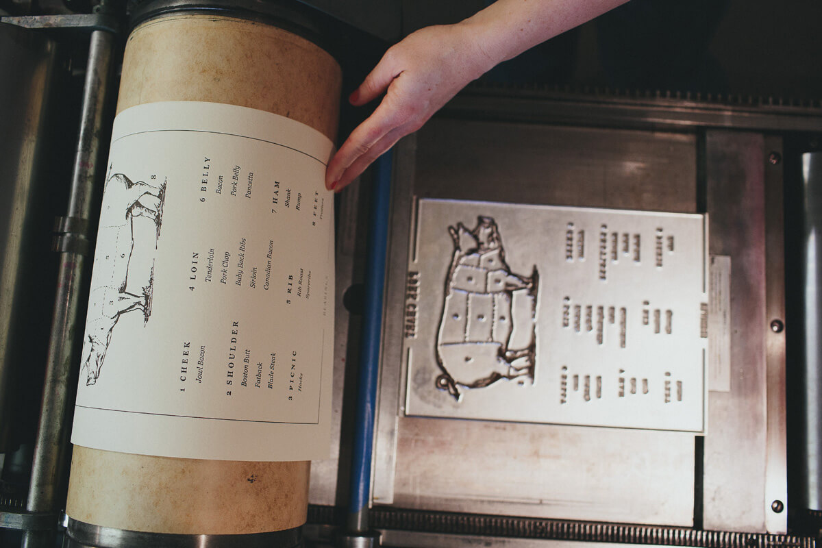 Running the pork chart illustrated infographic through the letterpress machine off of the metal plate and onto the thick duplex paper for a fine art print.