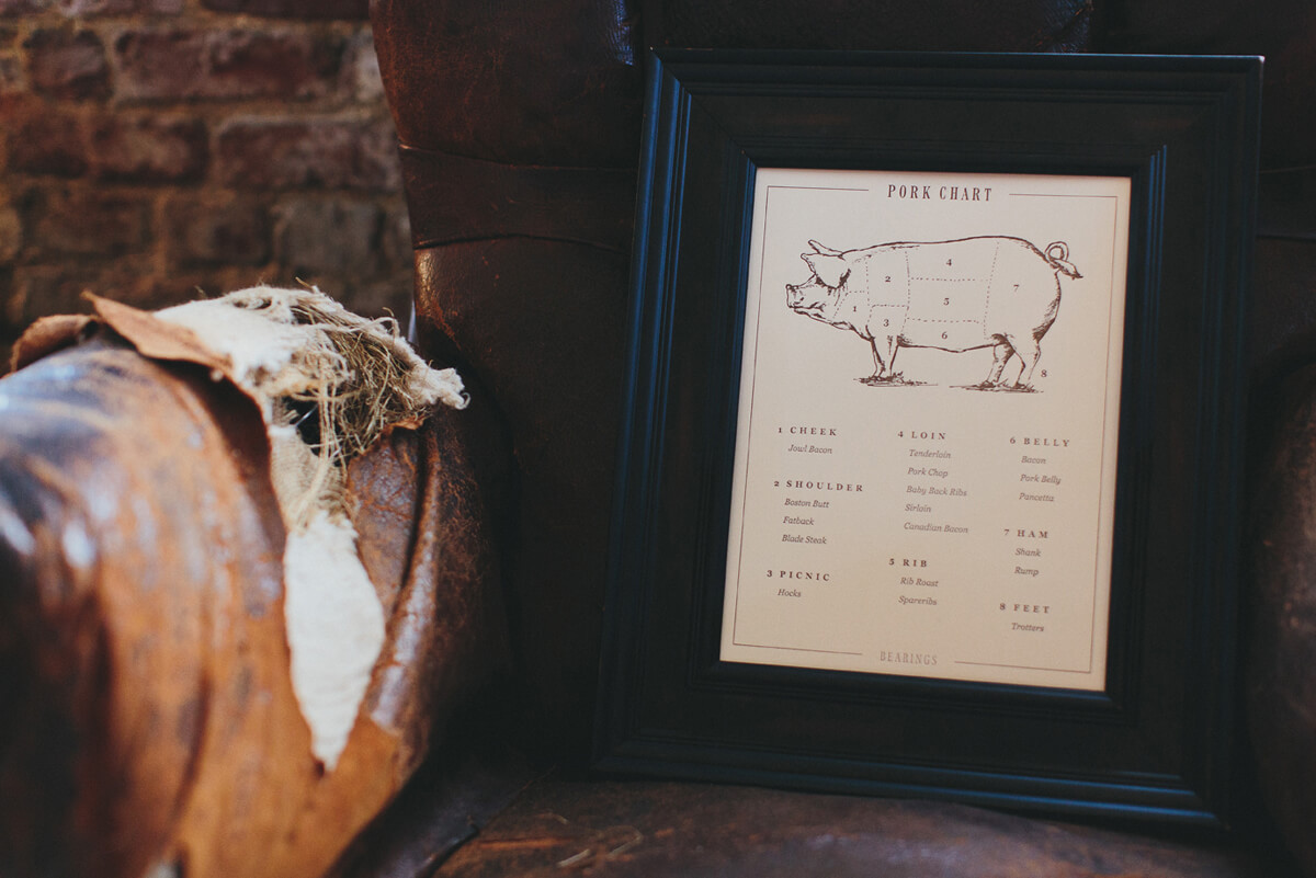The cuts of pork letterpress illustration print design is framed in dark wood and sitting on an old tattered leather chair.