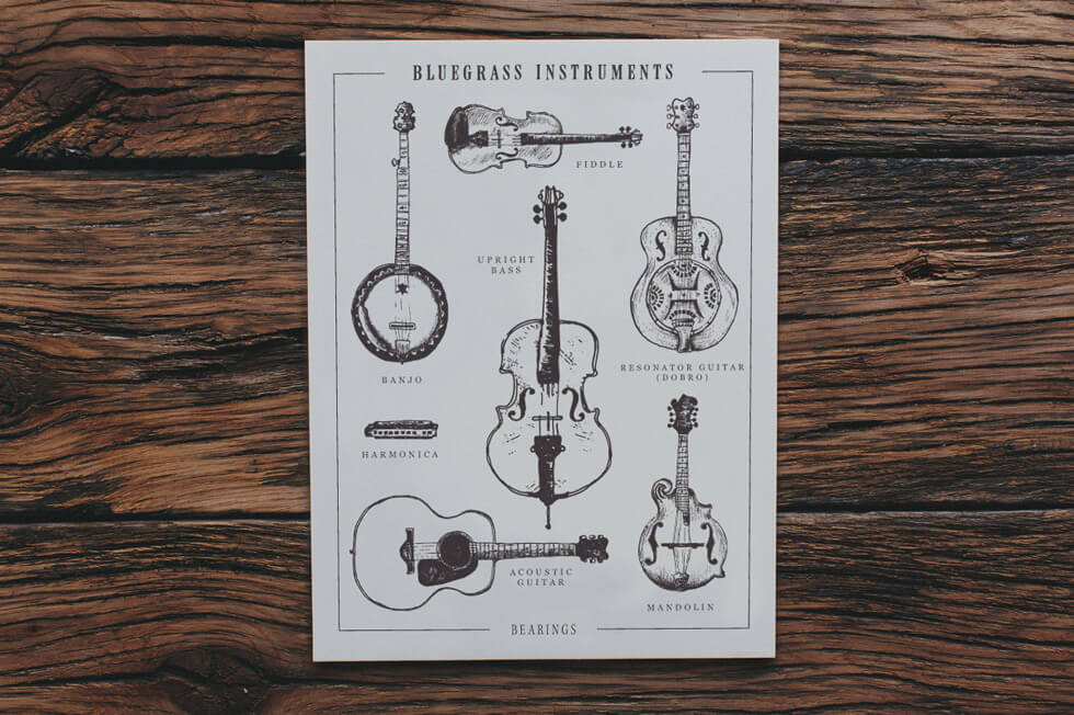 Hand drawn diagram illustration and infographic of the types of bluegrass instruments shows the banjo, the upright bass, the fiddle, the resonator guitar or dobro, the harmonica, the acoustic guitar and the mandolin, created by freelance graphic artist Russell Shaw for Bearings Guide's letterpress print series.