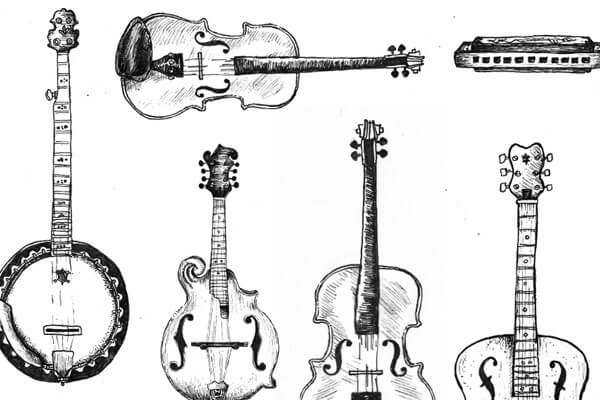 Original hand drawn sketch of the types of bluegrass instruments for the Bearings Guide's series of letterpress illustrated infographics.