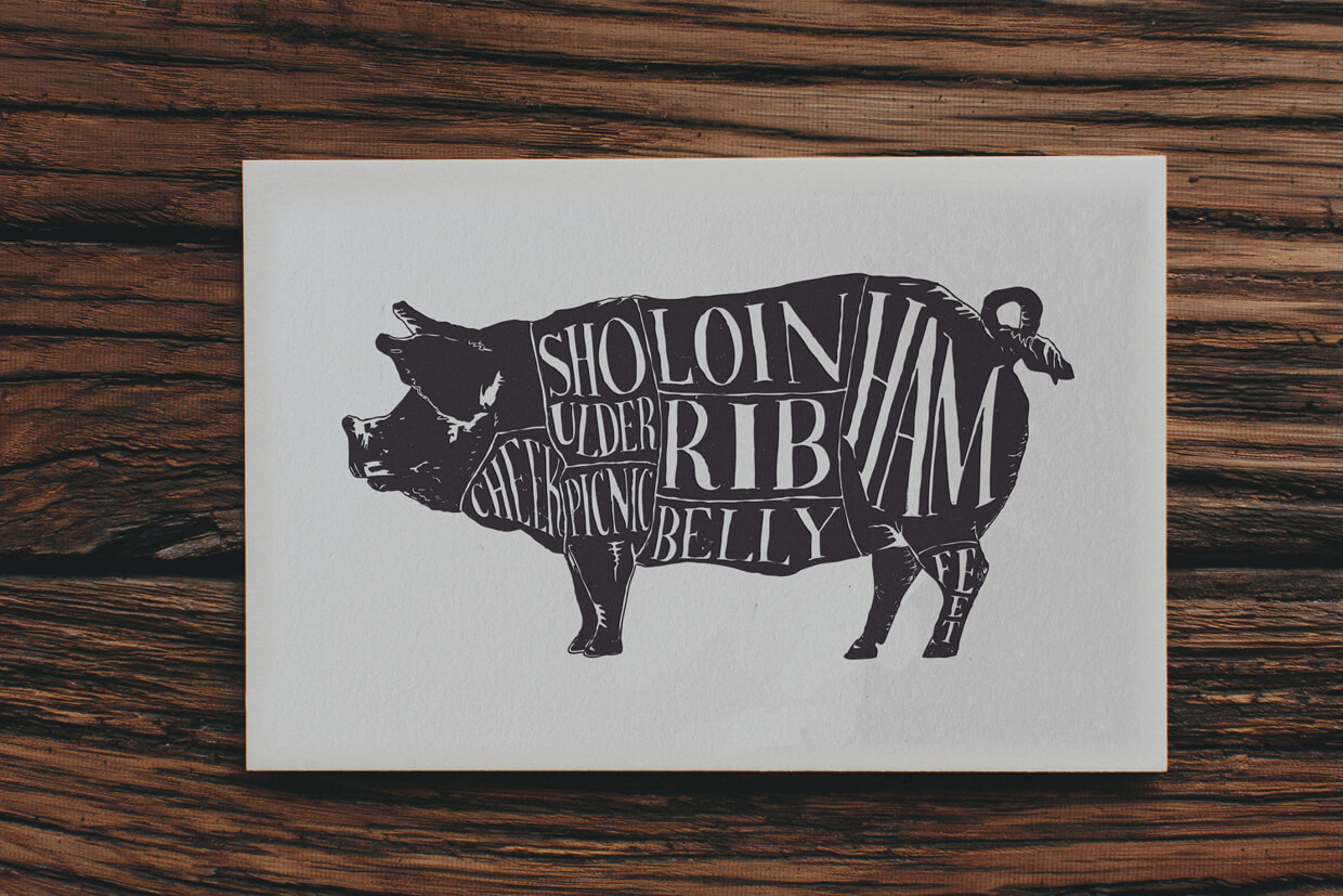 Silk screen printed poster and fine art print graphic design of the types of cuts of meat on a pig in brown ink.