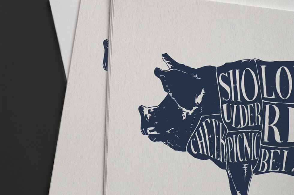 Tthe types of cuts of meat on a pig in navy blue ink silk screen printed poster and fine art print graphic design.