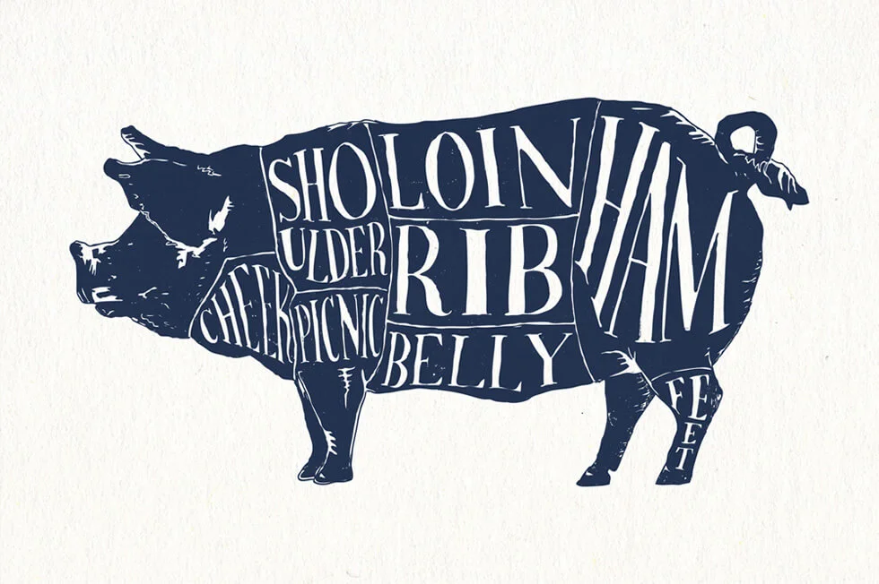 Handmade illustration and hand drawn lettering design for the Pork Chart cuts of meat diagram of a pig and illustrated infographic in Bearings Guide's screen printed poster series.