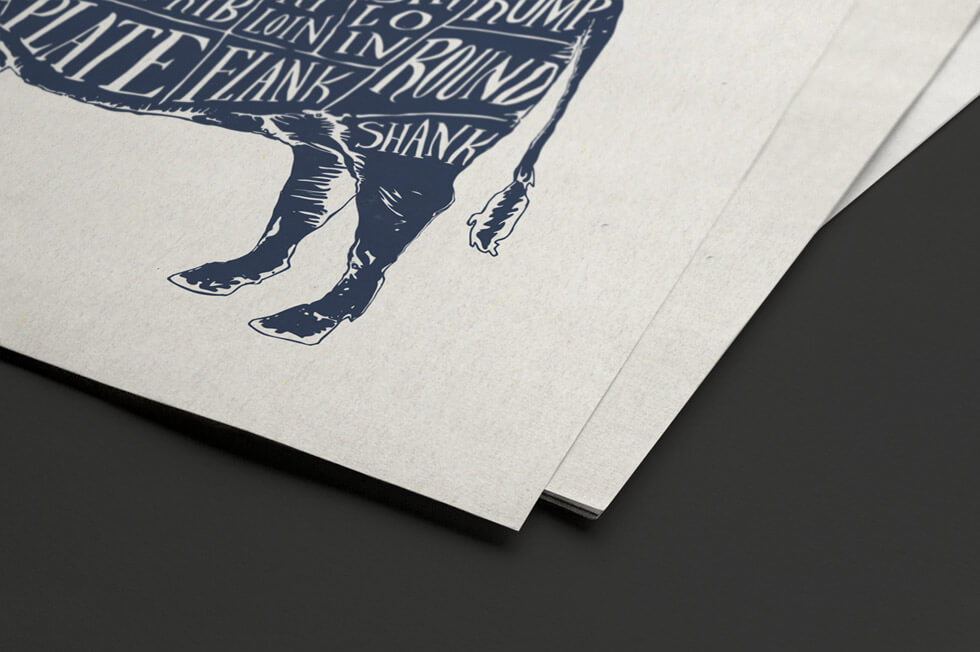 The Beef Chart types of cuts of meat on a cow in navy blue ink silk screen printed poster and fine art print graphic design.