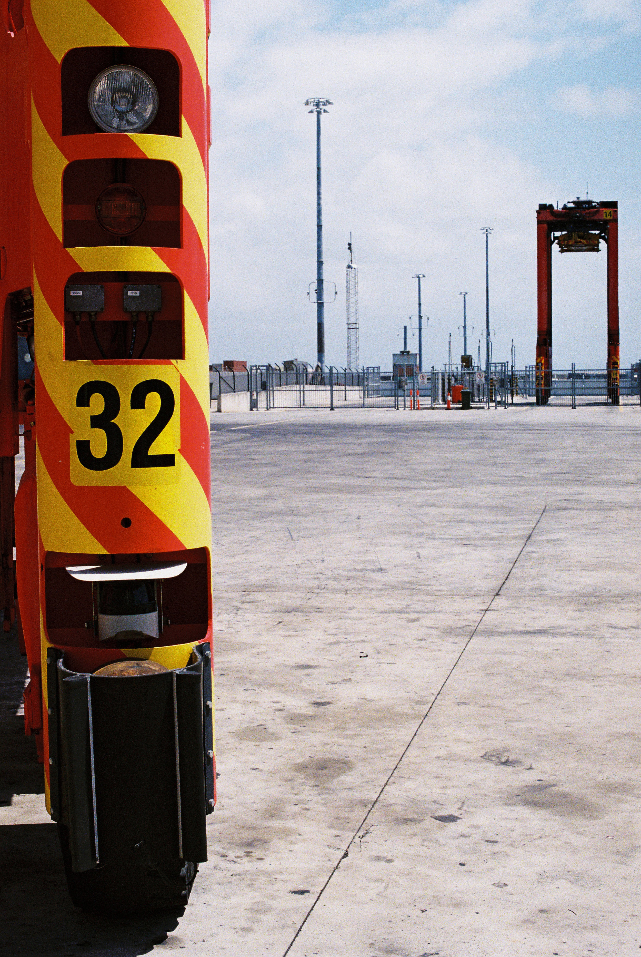 Stanchions. Kind of reminded me of TRON. Robotic Container Pickers "Straddlers". 