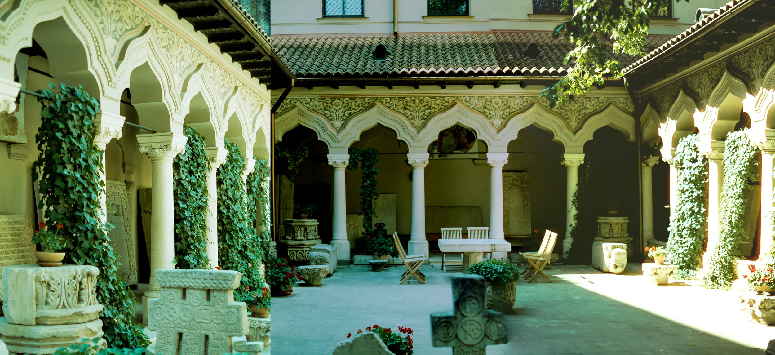 The courtyard of Stavropoleos Church. Built in Brâncovenesc style, also known as Wallachian Renaissance and Romanian Renaissance, is an art and architectural style that evolved during the administration of Prince Constantin Brâncoveanu in the late 17th and early 18th centuries