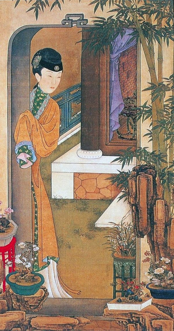 8,倚門觀竹: 庭院中花草竹石滿目,並擺放著香蘭、月季等各色盆景,爭奇鬥豔,以婀娜的姿態點綴出俏麗的景緻。仕女倚門觀望著滿園春色,舉止間似乎流露著淡淡的嘆春情懷。