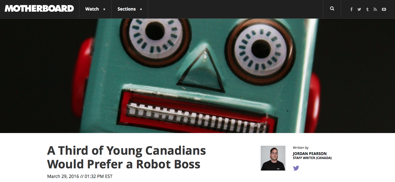 Motherboard: "The survey findings appear to lend weight to previous studies that have suggested people would be open to being bossed around by a computer." Image: Vice / Alex Dixon