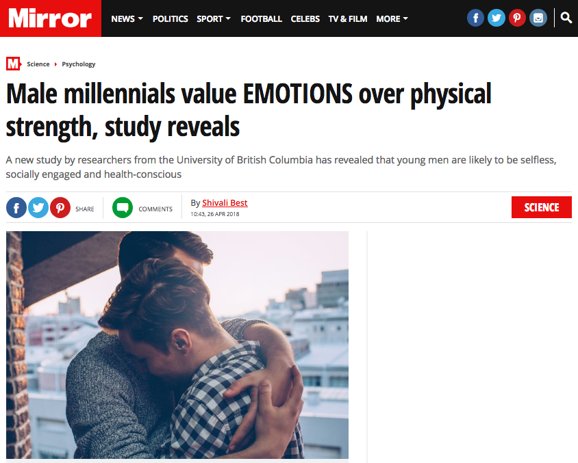 The Mirror: “They’re often portrayed as selfish and thuggish, but it seems that male millennials may have a softer side.” Image: The Mirror