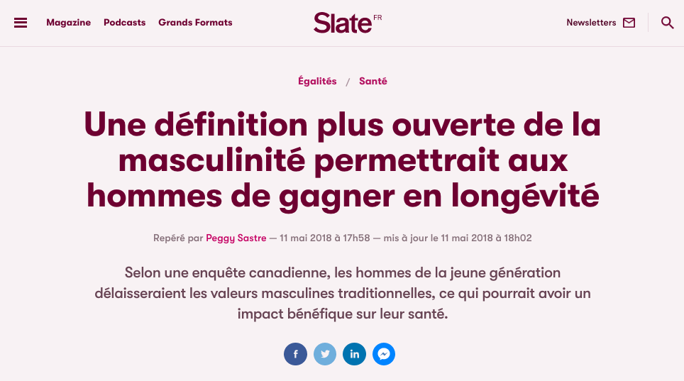 Slate: “Selon une enquête canadienne, les hommes de la jeune génération délaisseraient les valeurs masculines traditionnelles, ce qui pourrait avoir un impact bénéfique sur leur santé.” Image: Slate