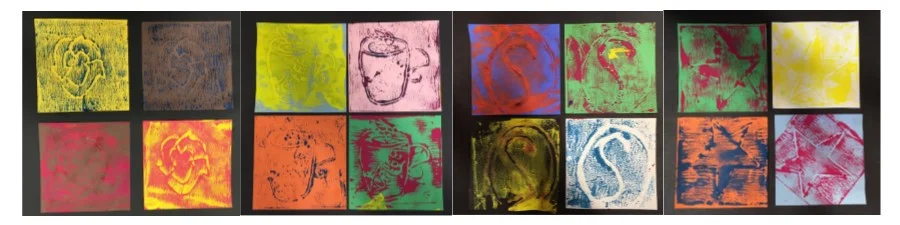 Samples of the kids' Warhol-inspired artwork, each done with a unique icons. Inspired by the soup cans, they did a recycling symbol, coffee cup, a Skittle's S, and star.