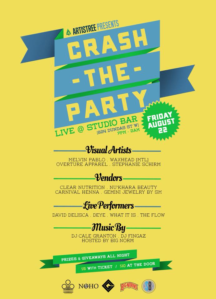 #CrashTheParty is a monthly event that combines The Arts, Music, Food, Culture, Drinks, Artisans, Small Businesses and Like Minded Individuals for one night of networking. So j oin us this Friday August 22, 2014, 7PM-11PM at Studio Bar where you can share ideas, discover something new and support the talented local businesses and artisans you meet. $5 with a physical flyer. $10 @ the door You could be in the arts or have a love for the arts, there's something for everyone! 