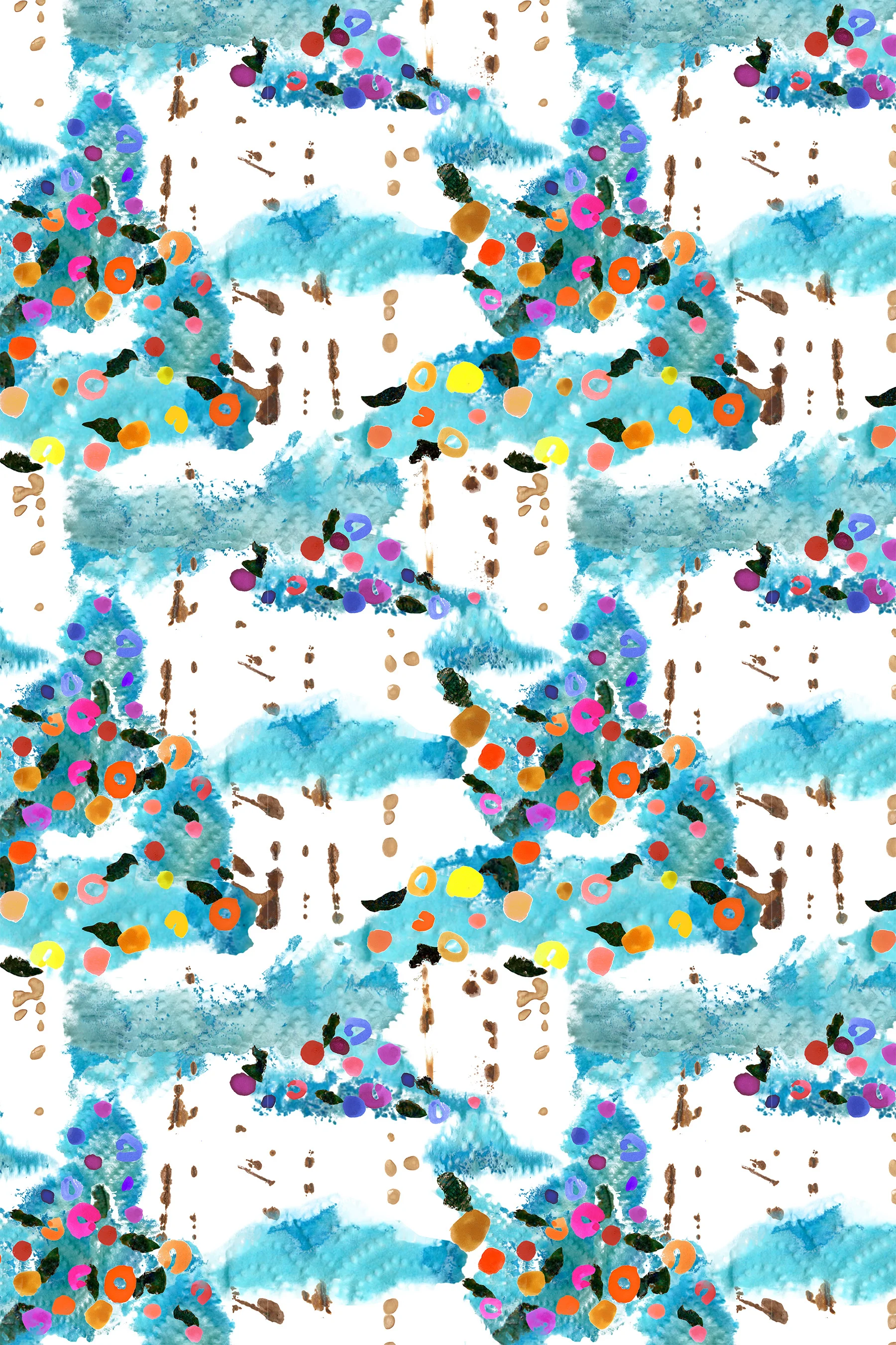 Imagery created with Dr. Martin's dyes, oxidation printing, and rust printing. Repeat created in Photoshop. Part 3 of Unexpected Florals Collection. 2015.