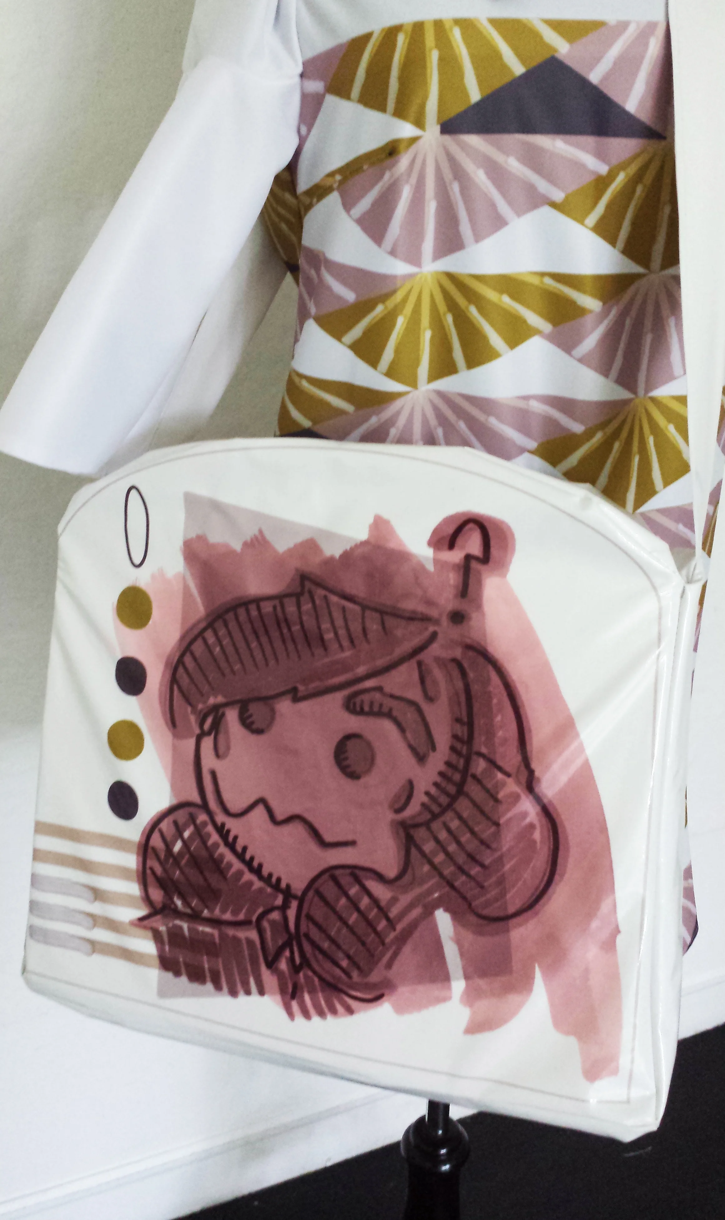 2016. Hand drawn imagery printed on oil cloth using a latex printer. Fabric hand sewn into a messenger bag.