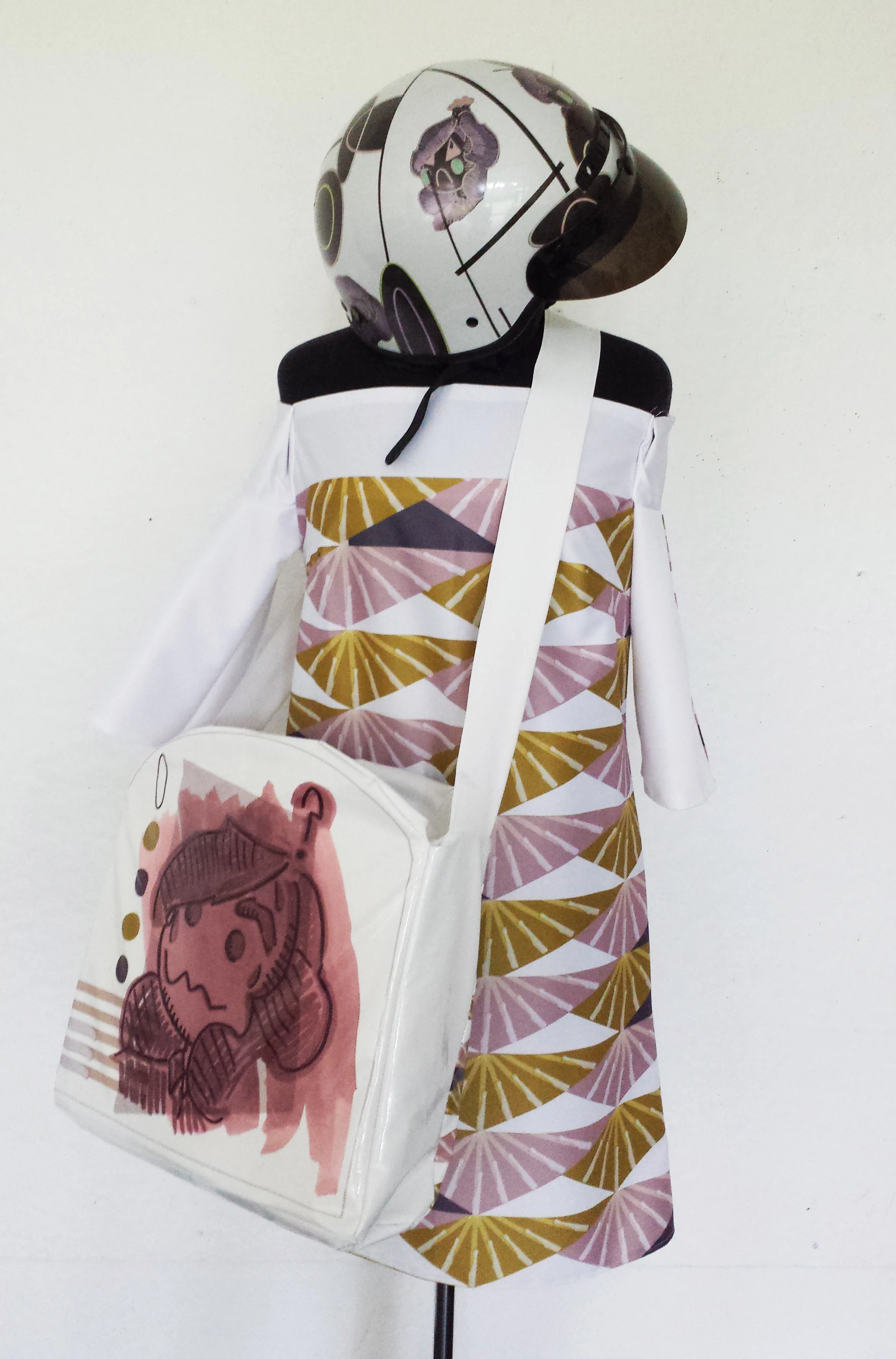 2016. Photoshop repeat pattern printed on polyester. Fabric sewn into a designer dress. 