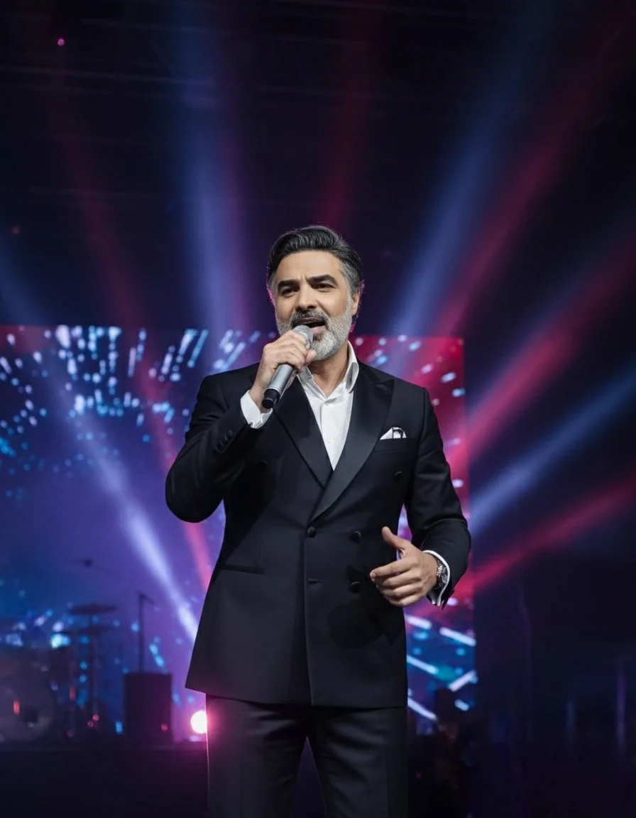 A man in a formal black suit and white shirt, with grey hair and beard, is holding a microphone and singing on a stage with colorful lights and digital visuals in the background.