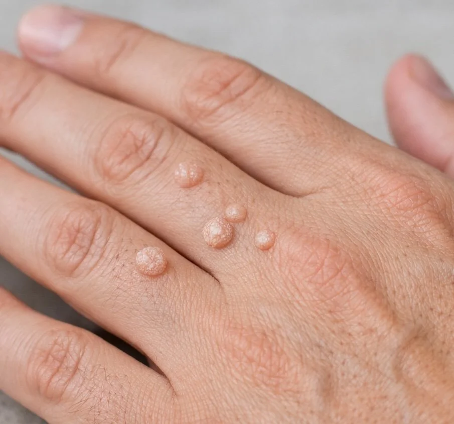 Close-up of a person's hand with several small, raised, fluid-filled blisters on the back of the middle and ring fingers.