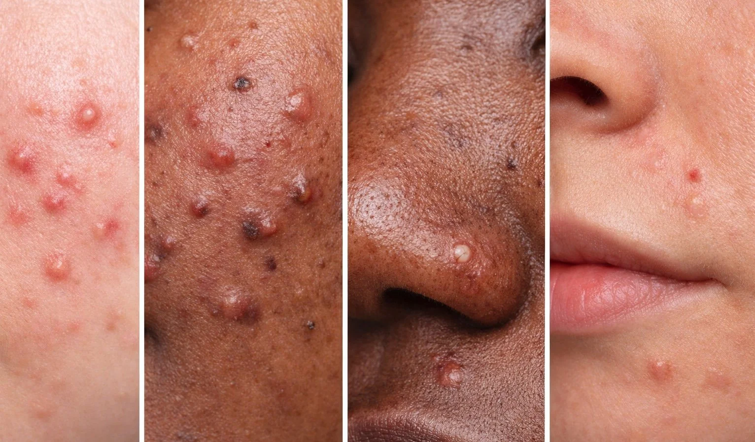 Close-up photos of various skin conditions, including acne, blackheads, and pimples on different skin tones.