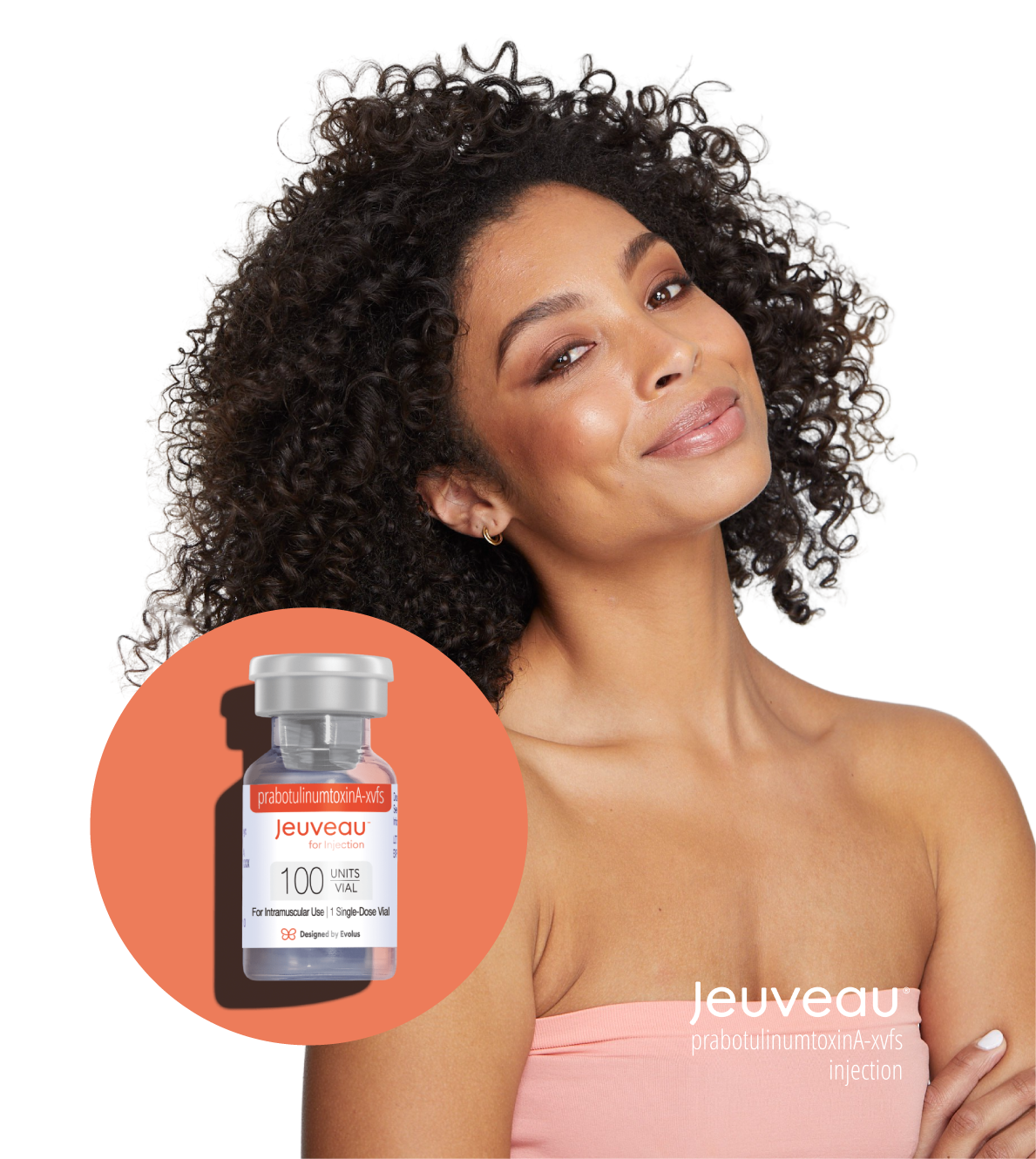 A woman with curly hair smiling, with a circular inset showing a vial labeled Jeuveau for injection, containing 100 units of prabotulinumtoxinA-xvfs.