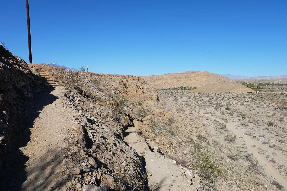 Looking back from the beginning of the trail: the visitor center and parking lot can be seen off to the right.