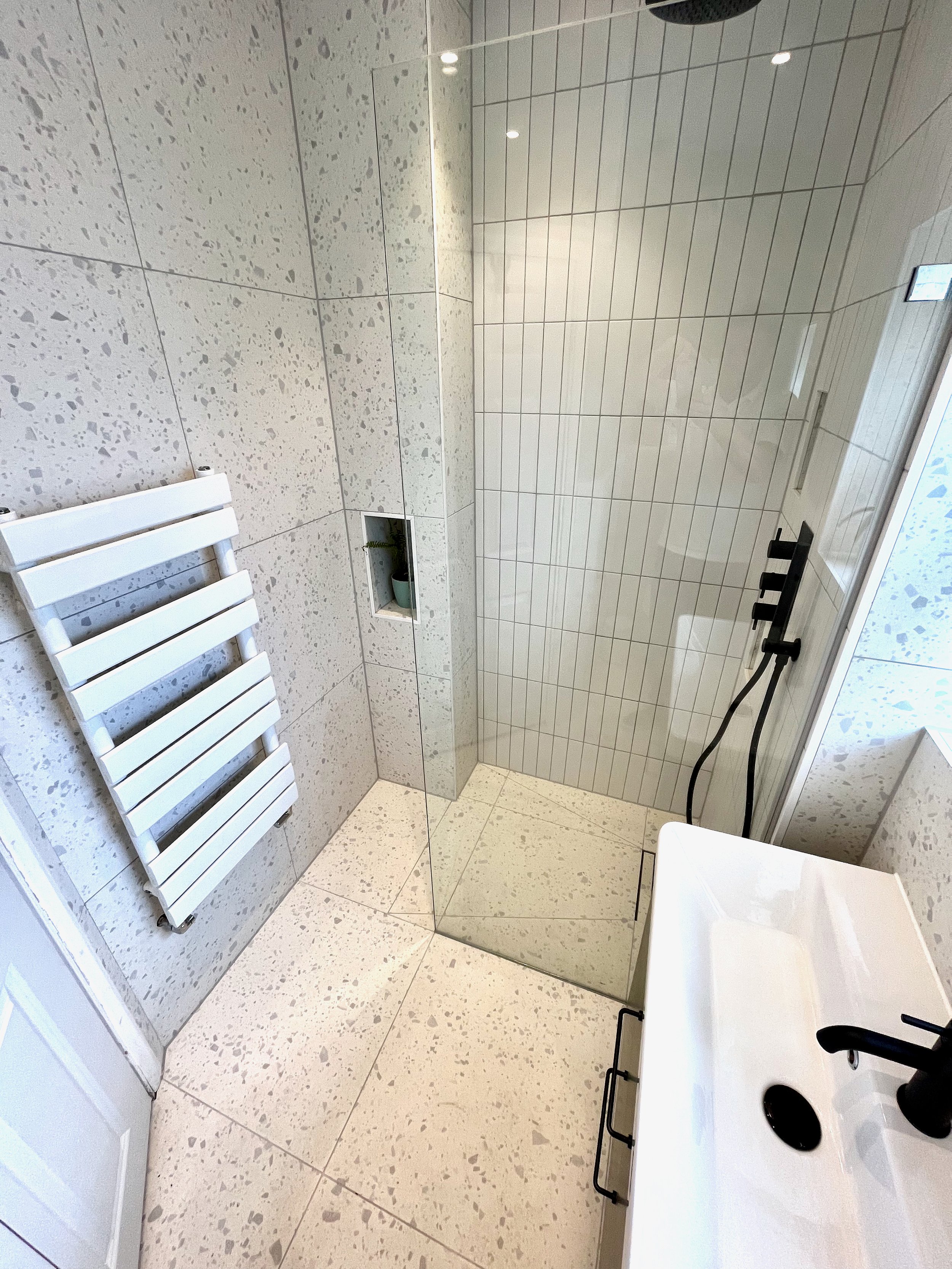 White terrazzo bathroom design in Brentford - 1.jpeg