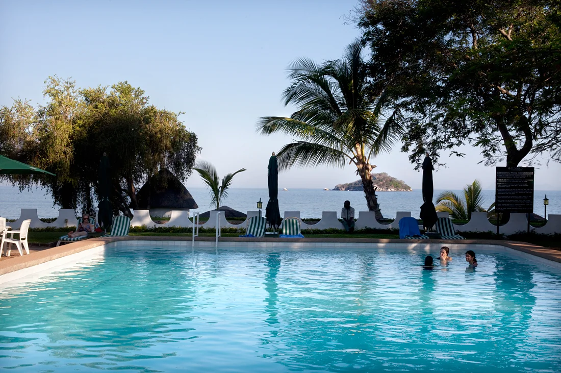 Salima, Malawi. Tourists in a resort at lake Malawi.