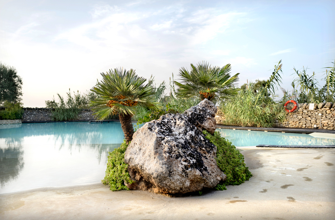 Monopoly, Italy. An empty swimming pool at the end of the day in one of the masseria's in the South of Italy.