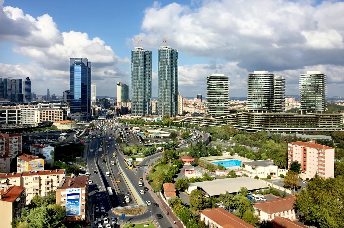 Istanbul, Turkey. View on a public swimming pool from the 18th floor of a hotel.