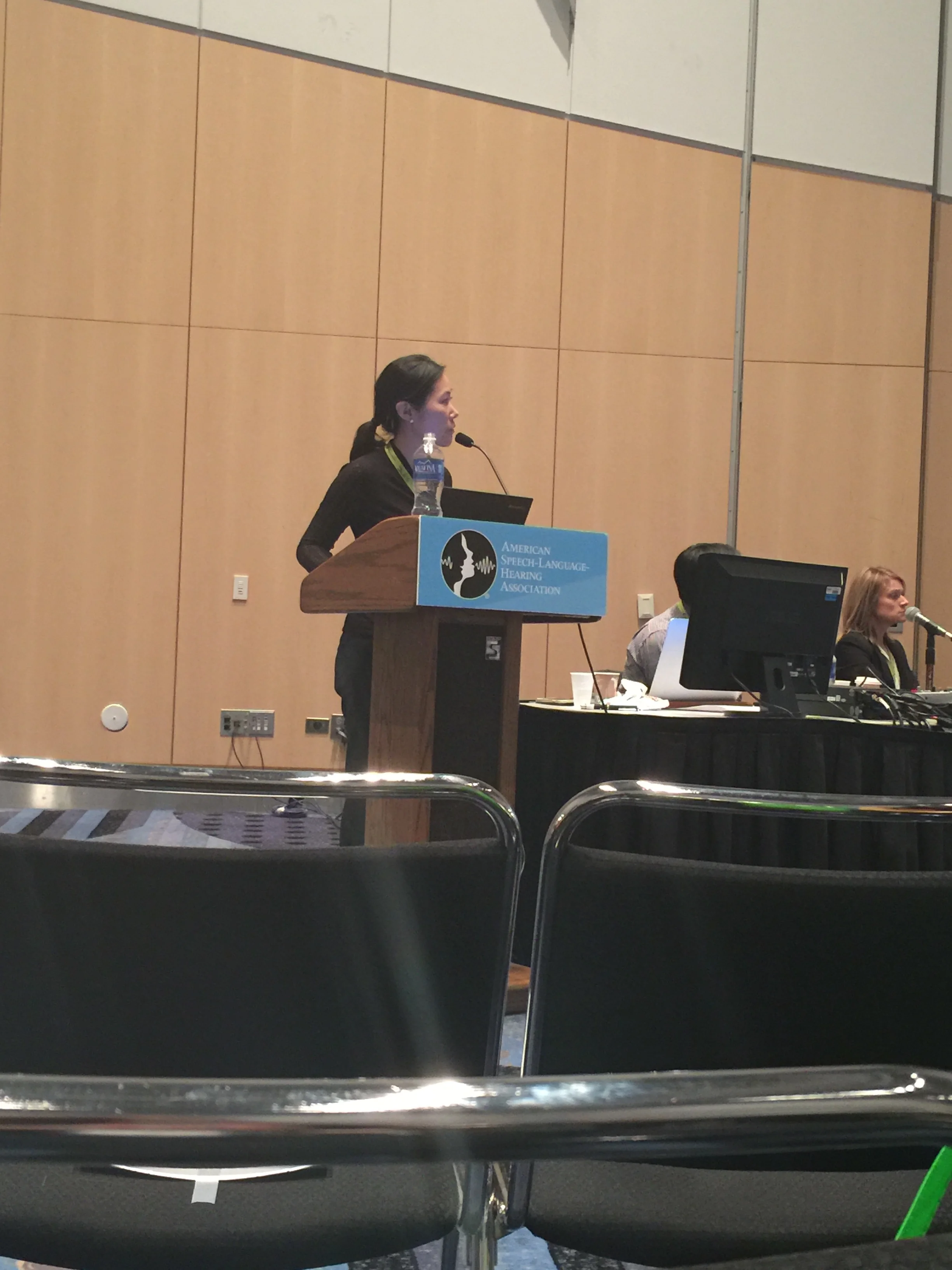 Dr. Soo-Eun Chang at ASHA 2015 presenting a talk selected as a Trailblazer session titled Brain function and anatomy in children who stutter: Insights from pediatric neuroimaging studies .