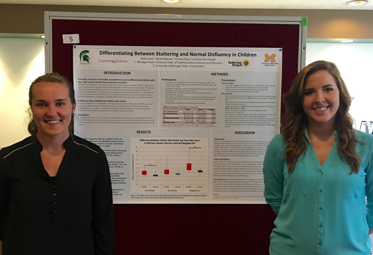 MSU undergraduate students Kelly Jones and Nicole Macker were awarded an Honorable Mention for their poster titled "Differentiating between stuttering and normal disfluency in children" at the 10th annual MSUFCU Lyman Briggs Research Symposium.