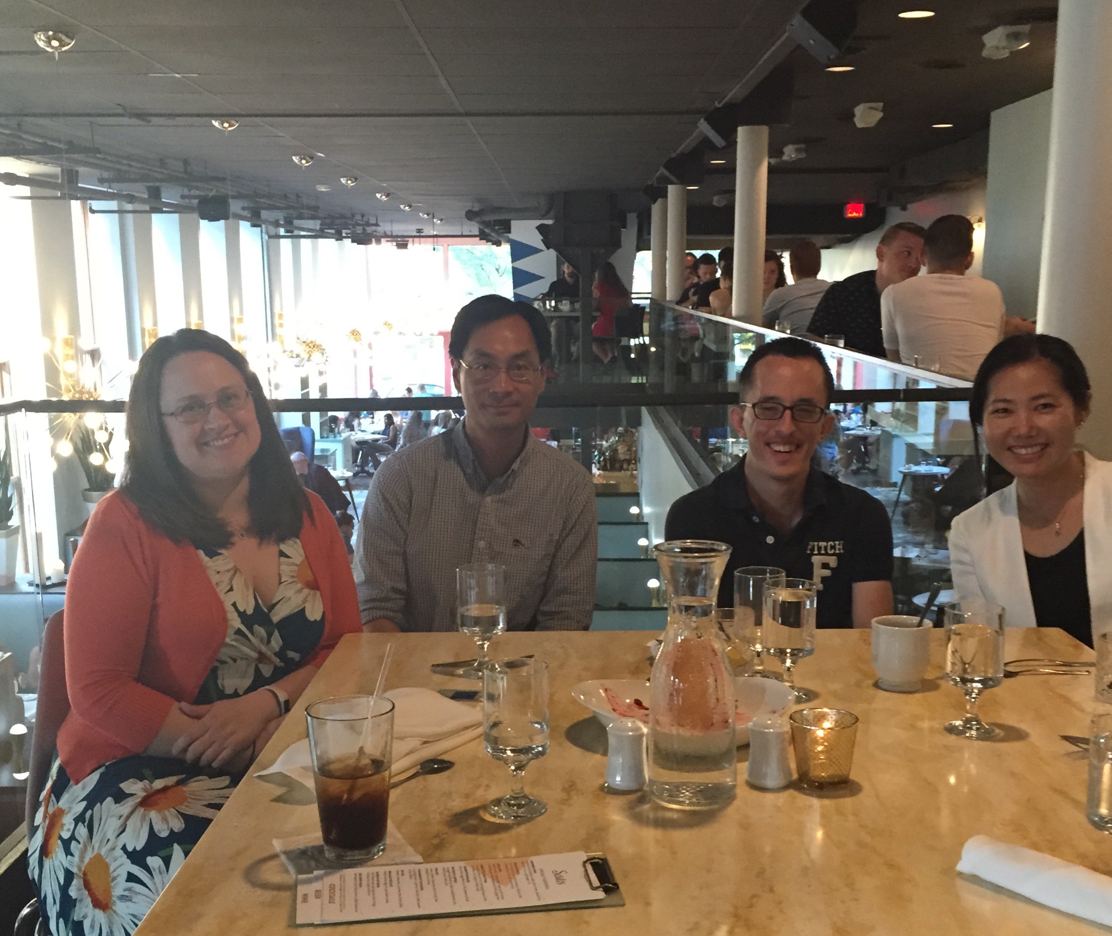 Emily, Ho Ming, and Soo-Eun welcoming our newest team member, Andrew at dinner at Sava's in downtown Ann Arbor.