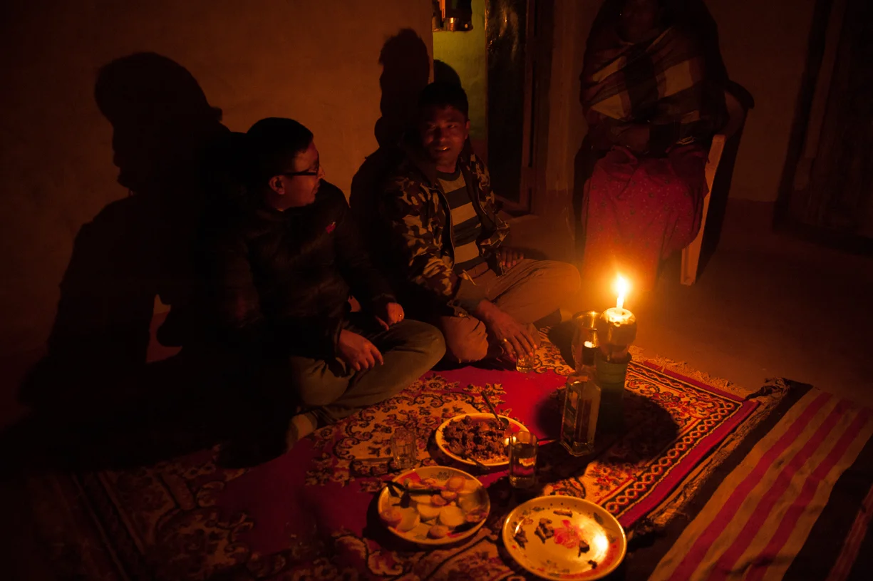 Traditional Nepali dining is done sitting on the floor. There is generally rice, lentils, radishes and onions, and sometimes meat. Flavors are spicy and complex, and food is eaten without utensils.