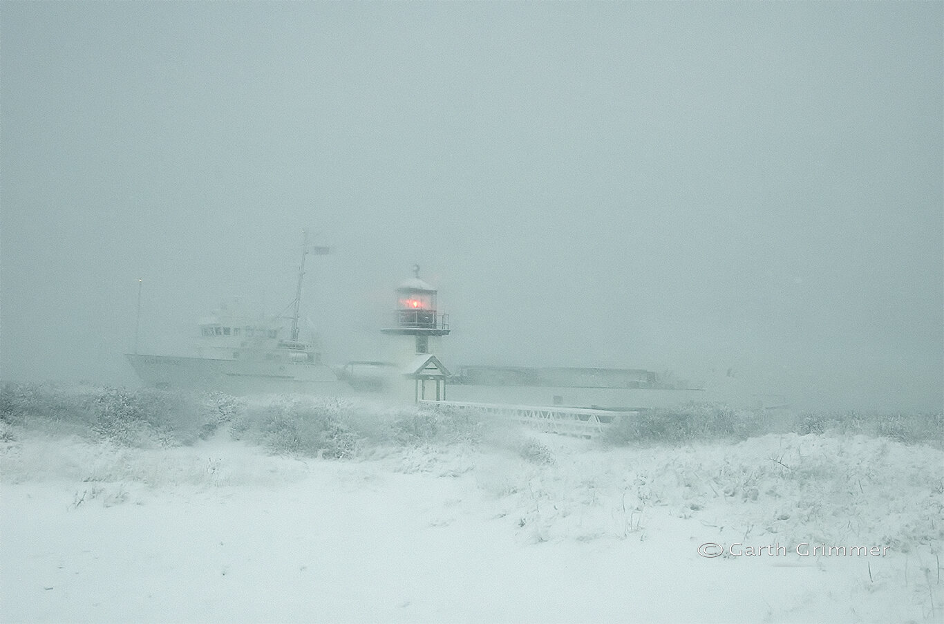 Supply boat in snow storm