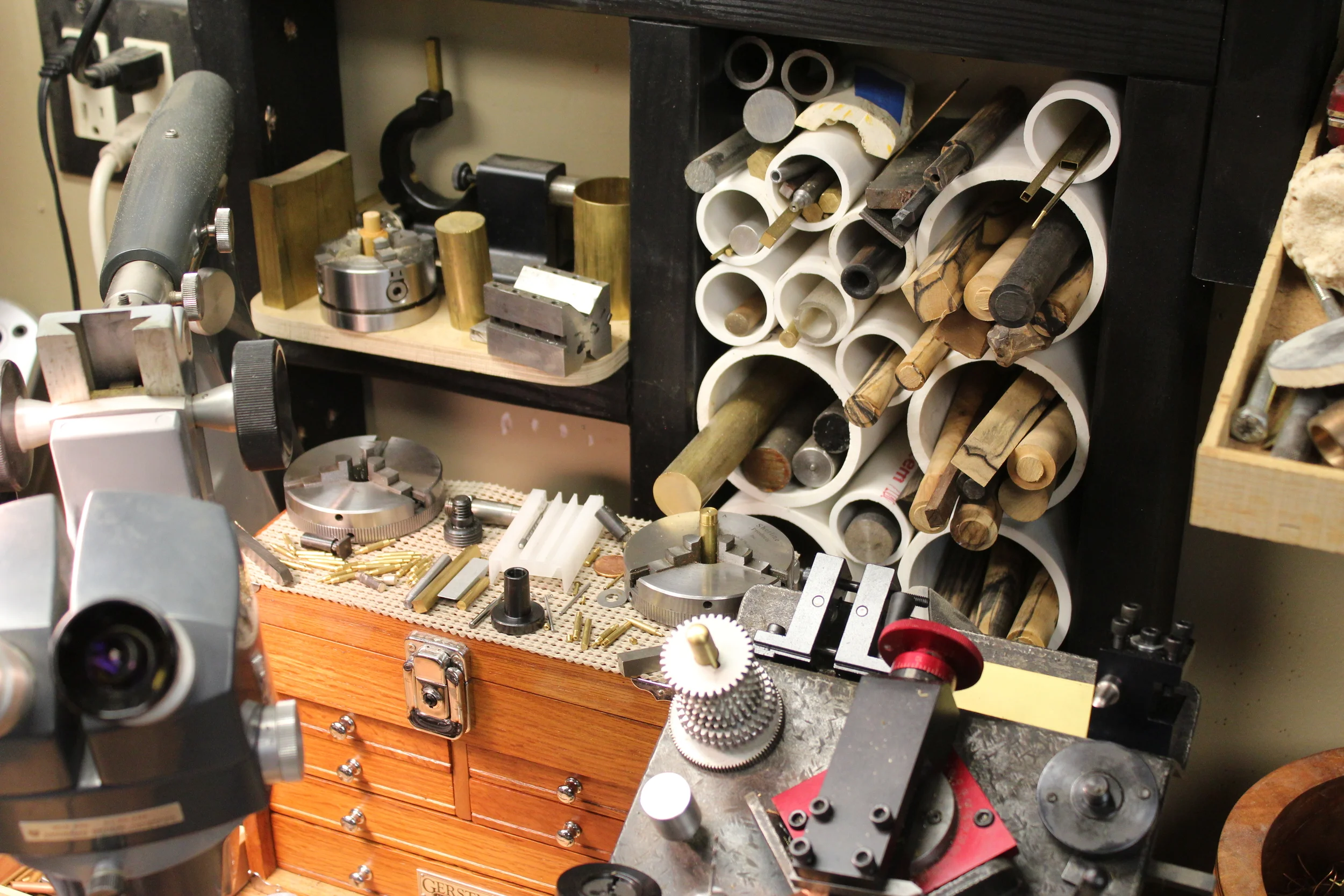 Some of the tools and materials that hang out around the lathe.