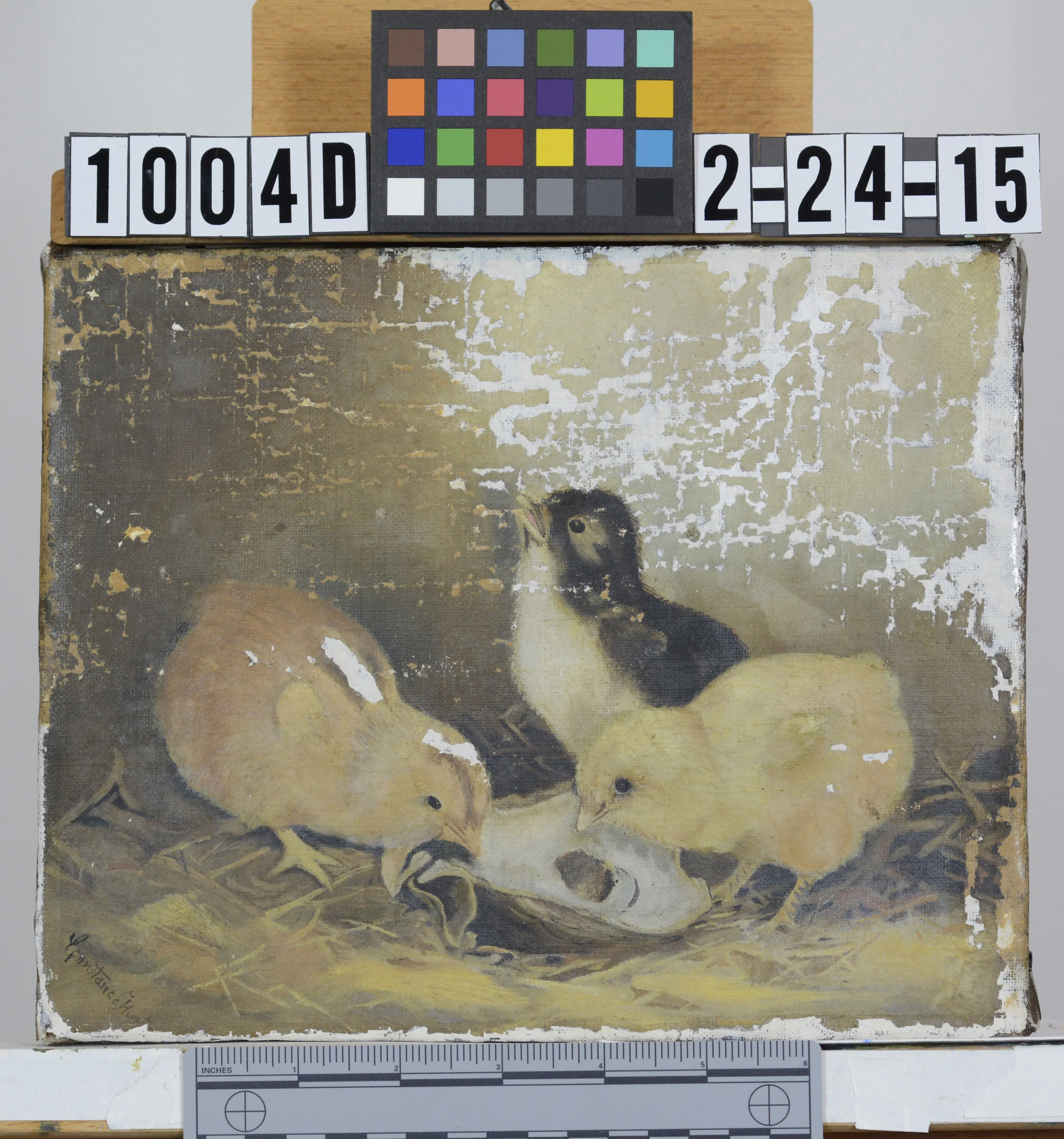 During treatment photograph of the toned wax fills, before inpainting and varnishing.