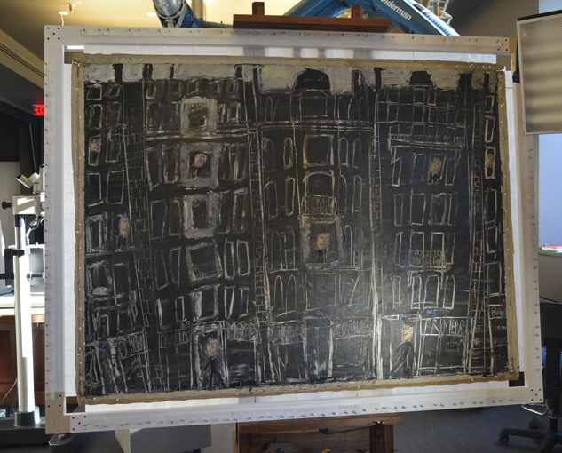 An image of the painting during treatment, applied to a working strainer. A working strainer allows the surface to be treated without the impediment of the original wooden stretcher. Check out the rest of the treatment on the Gallery's blog!