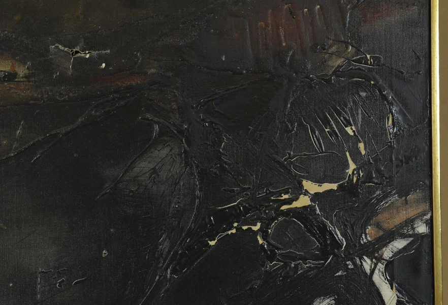 Before Treatment image of painting exhibiting a tear (upper left) and extensive loss to impasto (lower right)