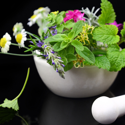 White porcelain mortar and pestle with fresh herbs on black back