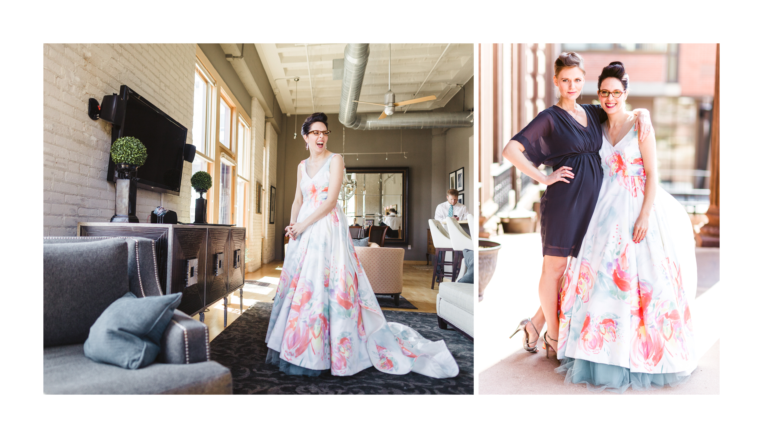  Images by  Valo Photography  | Custom fabric print design (watercolor original, digitized) by Schumann Studio | Custom Gown by  Mink Maids  