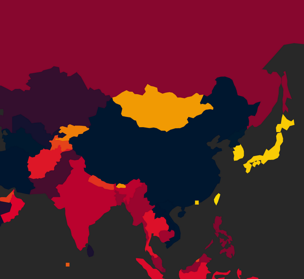 Press Freedom Map. "Most free" countries are the lightest: South Korea, Japan, Mongolia, Bhutan, Kyrgyzstan