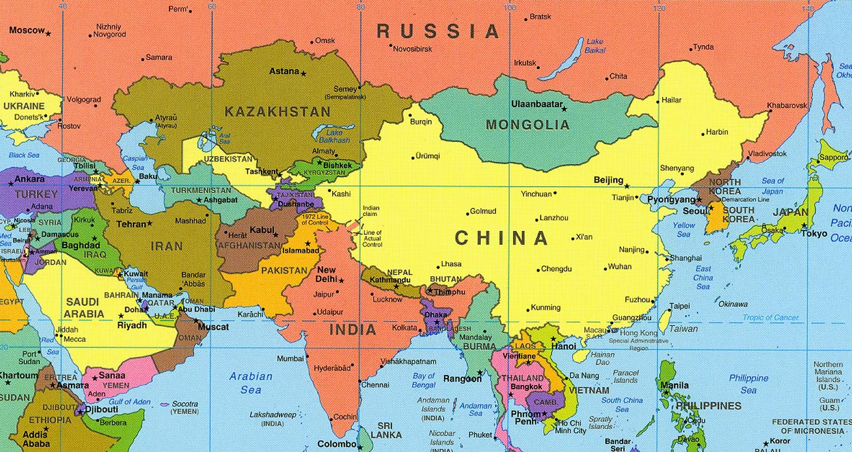 You can find Kyrgyzstan as one of the countries between Russia and India, marked as green. Map source: CIA , via University of Texas Libraries