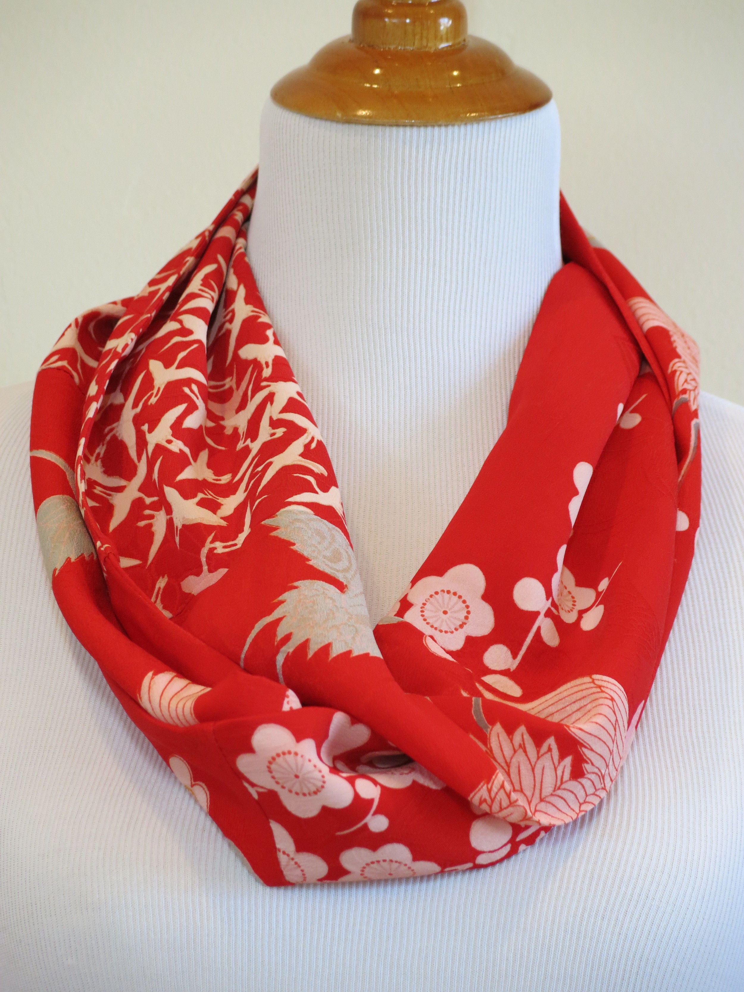 Bright Red Cranes Silk Infinity Scarf