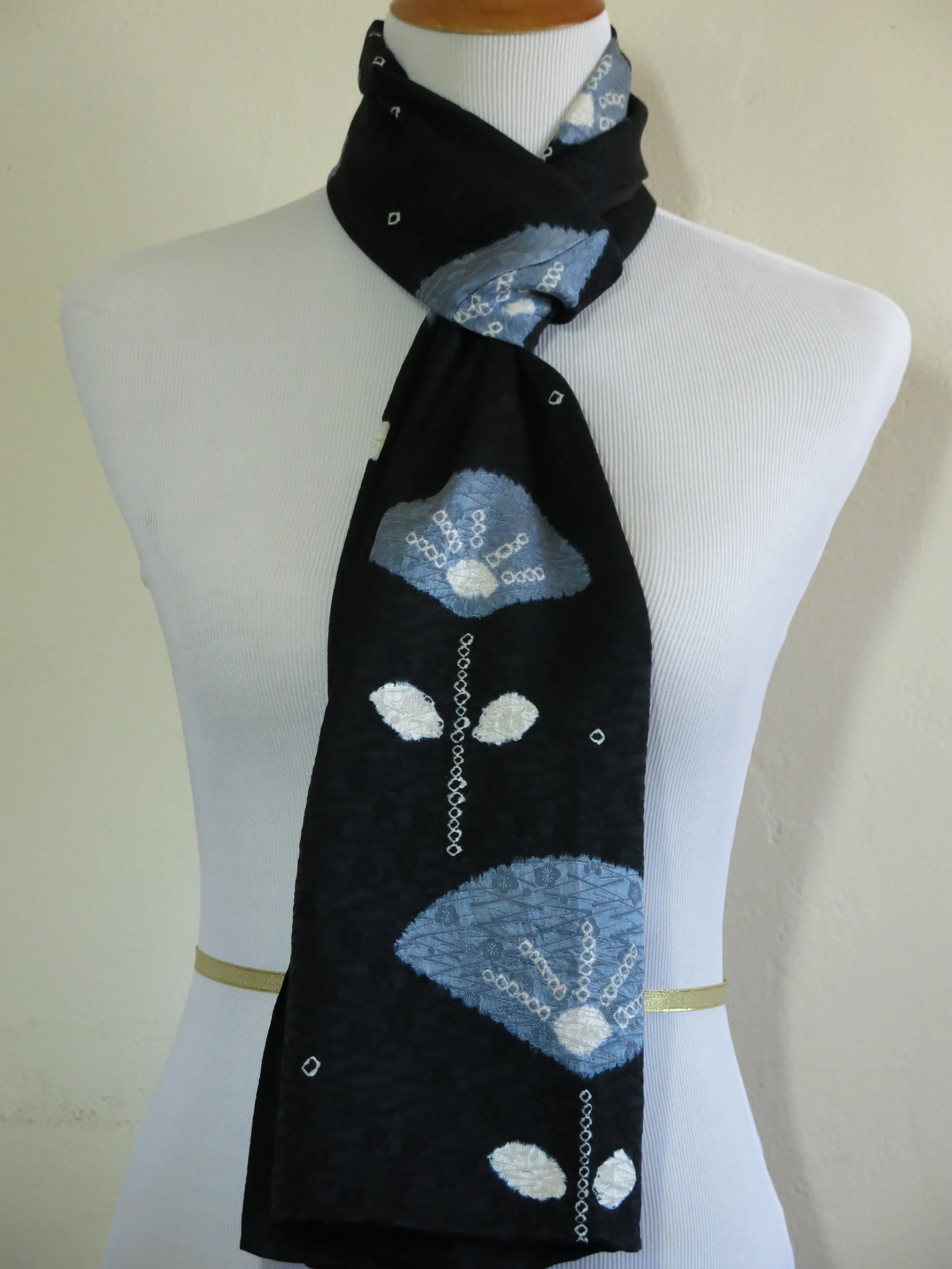 Blue on Black Shibori Straight Silk Scarf