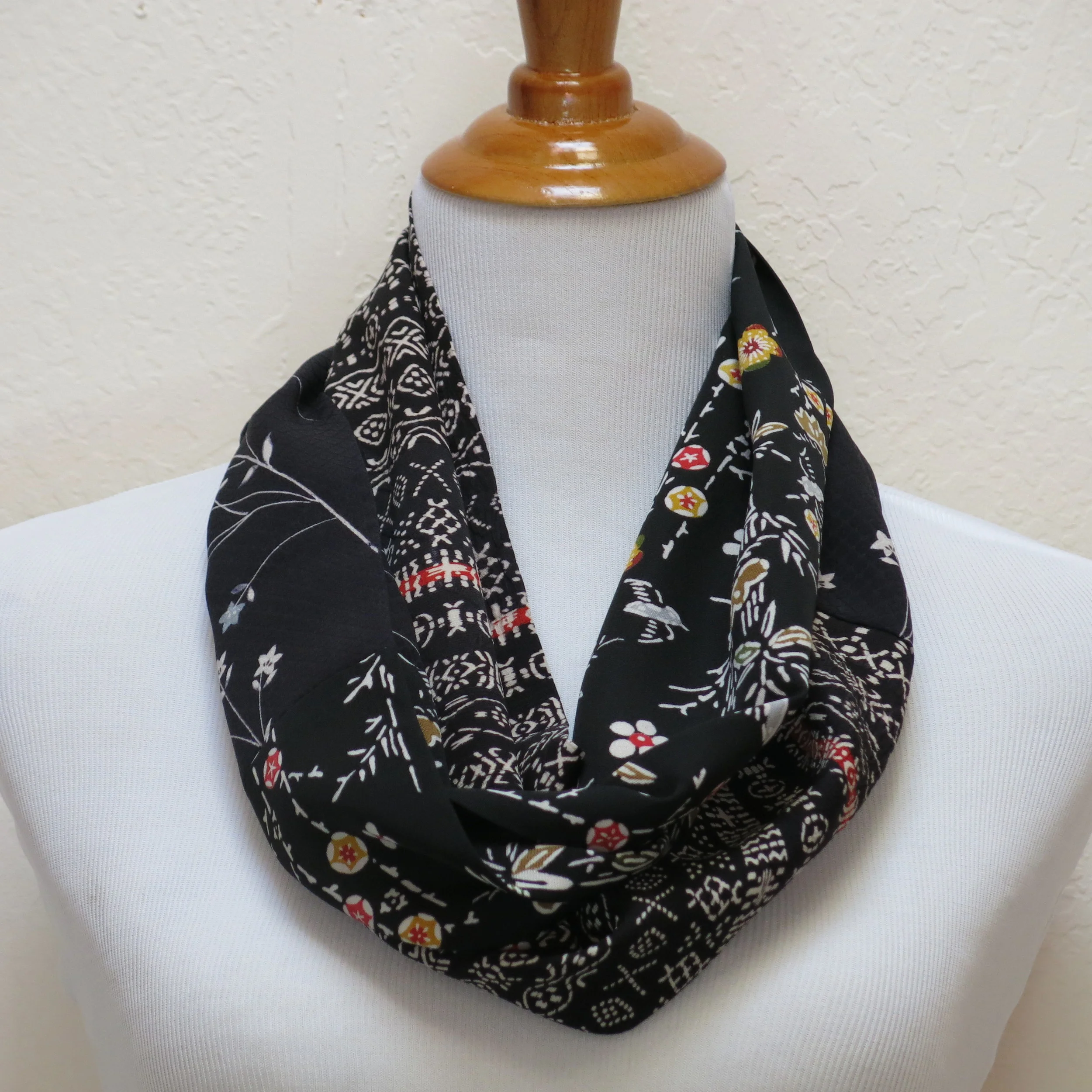 Black Geo/Floral Silk Infinity Scarf