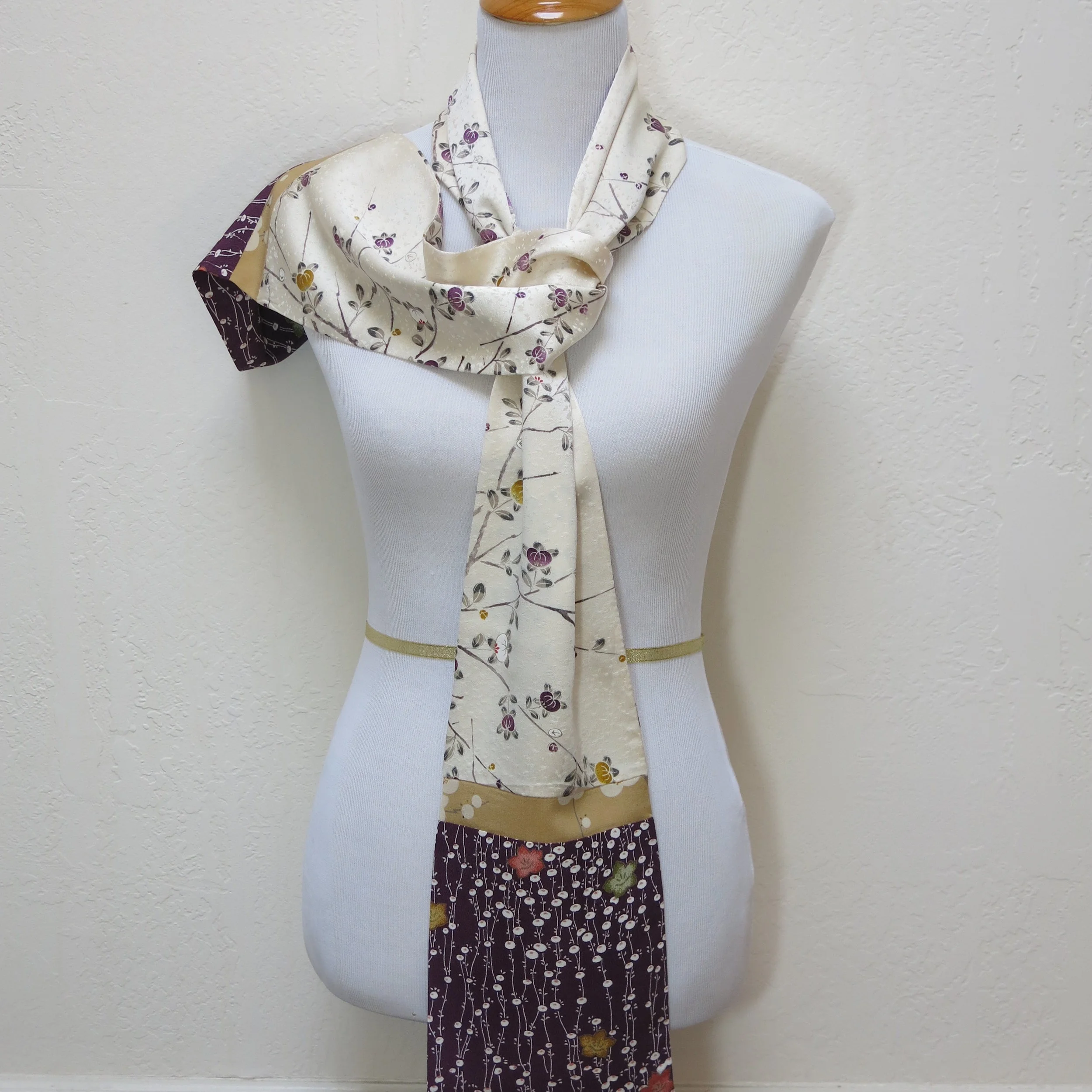 Ivory with Purple Blossoms Straight Silk Scarf