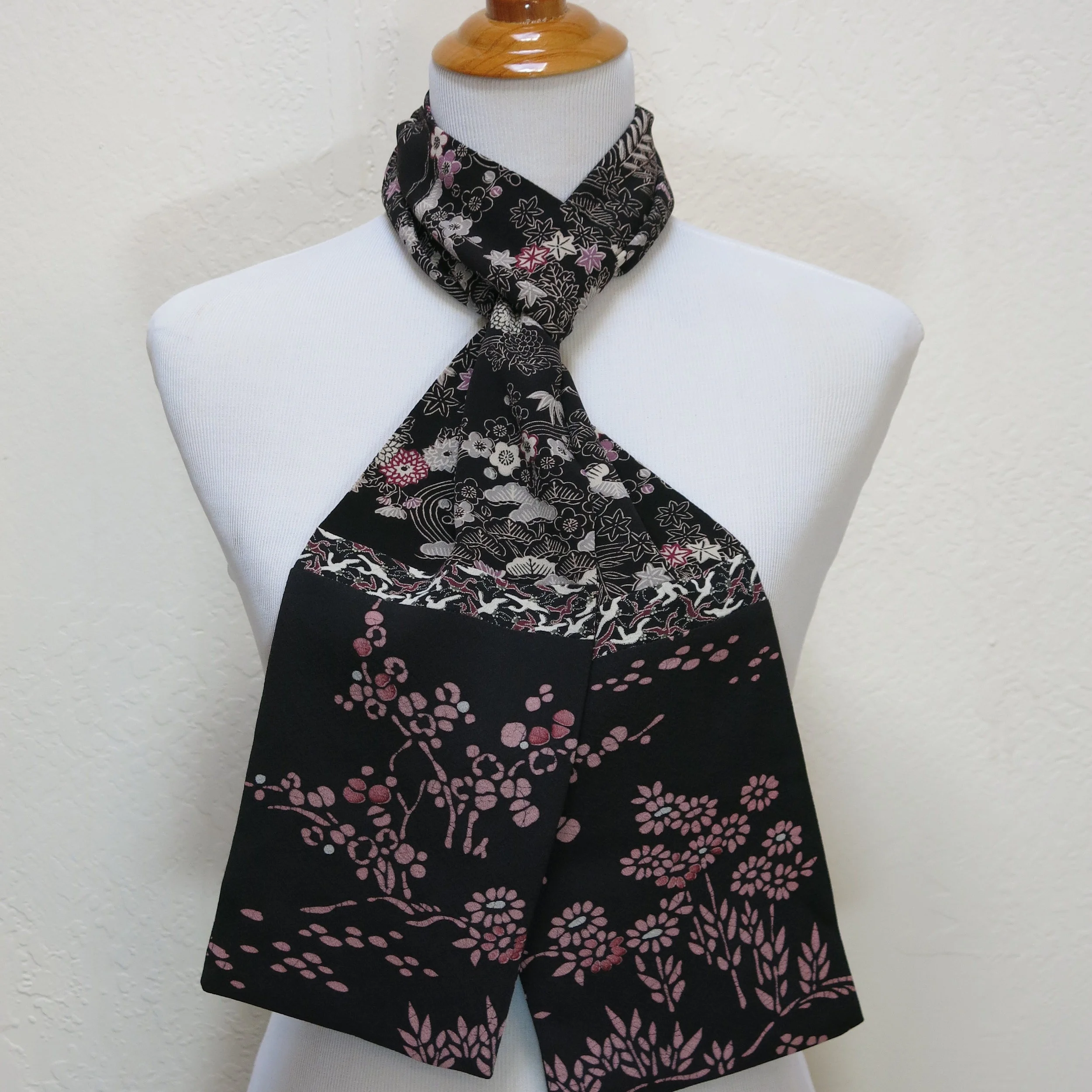 Black and Pink Blossoms Straight Silk Scarf